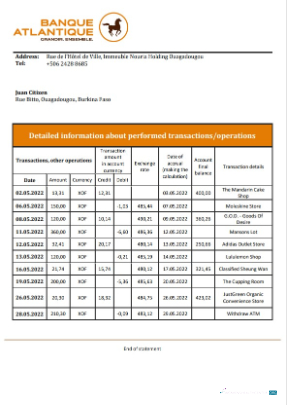 Download Burkina Faso Banque Atlantique bank statement word